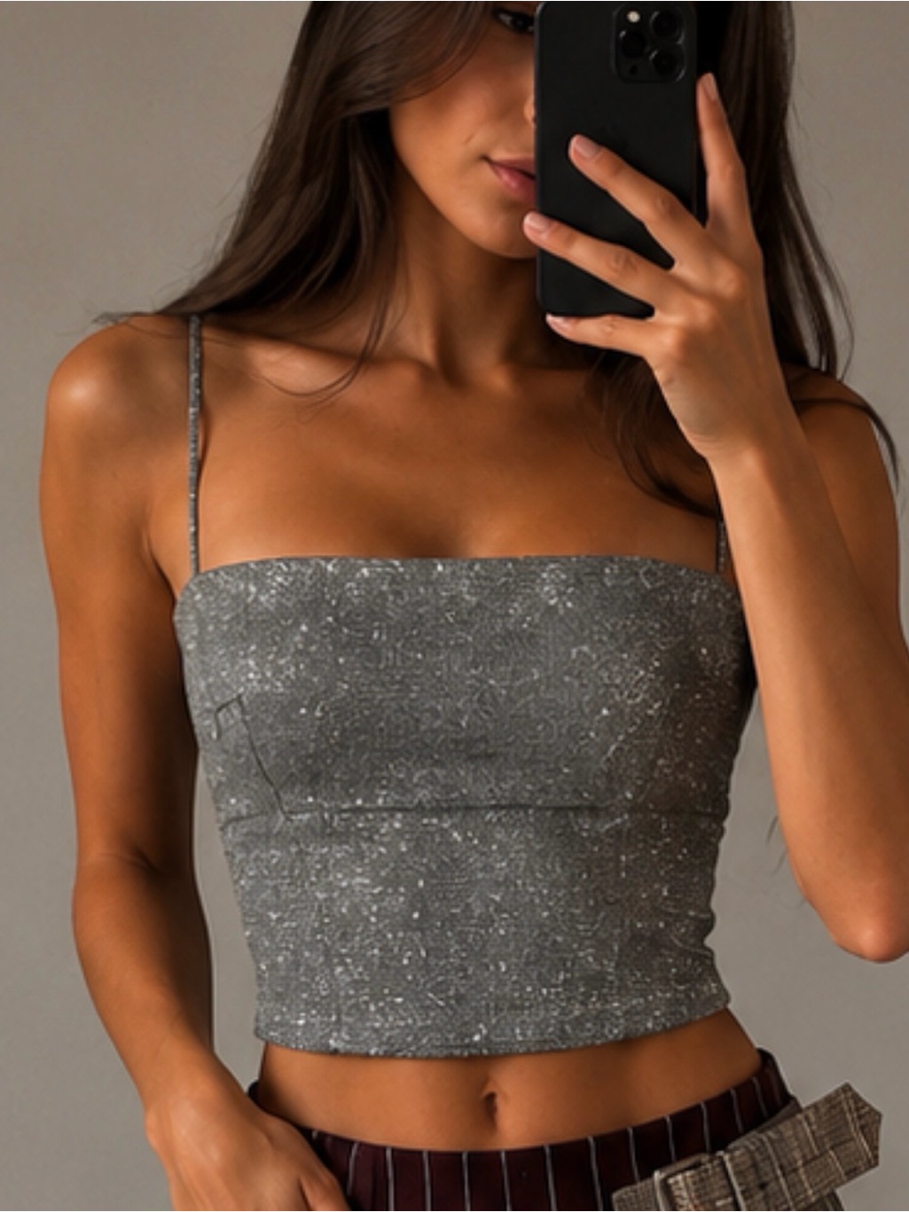 Sparkle & Fade Gray Glitter Square-Neck Cropped Camisole